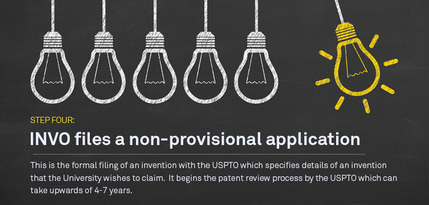 Step Four: INVO may file a non-provisional application This is the formal filing of an invention with the USPTO; it may mature into an issued patent. 